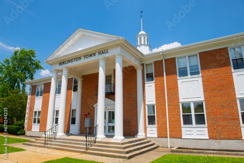 Burlington Town Hall at Town Common at 29 Center Street in historic town center of Burlington, Massachusetts MA, USA. 