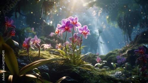 A Celestial Cattleya orchid blooming amidst a lush, otherworldly forest, with colorful flora and fauna surrounding it.