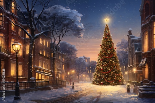 city street in winter, fir tree, exteriors of houses decorated for Christmas or New Year's holiday, snow, street lights, festive environment