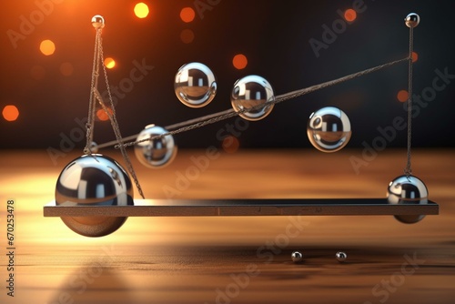Two concepts, consistency and success, depicted as metal balls in a Newton's cradle, transferring energy and momentum in relation. Labelled 3D illustration. Generative AI