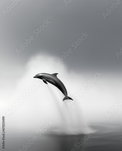 Danza del Delfín Solitario: Un Momento de Belleza y Gracia Capturado en Monocromo Mientras el Delfín Salta en las Aguas Tranquilas