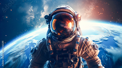 An astronaut in a spacesuit with mirrored protective glass looks at the camera against the backdrop of the planet Earth. Space travel and exploration concept.