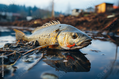 A close-up of a dead fish floating in a contaminated river, symbolizing the consequences of water pollution on aquatic ecosystems. Generative Ai.