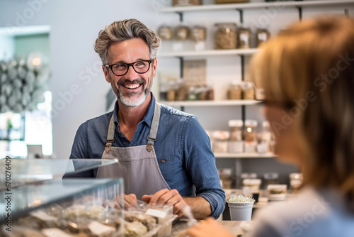 a store clerk at the counter talking to a customer, smiling, happy, worker.