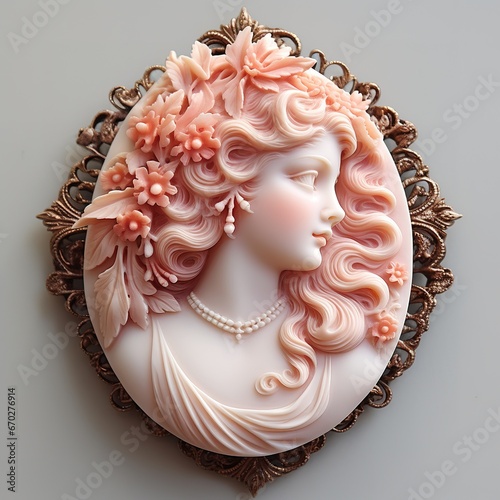  Antique cameo brooch or pin from the Victorian era. Delicate piece of high jewelry, a woman's profile face carved in ivory. Art history, antiques, museum.