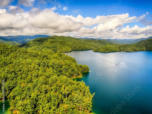 Aerial of South Carolina Lake Jocassee Gorges Upstate Mountains