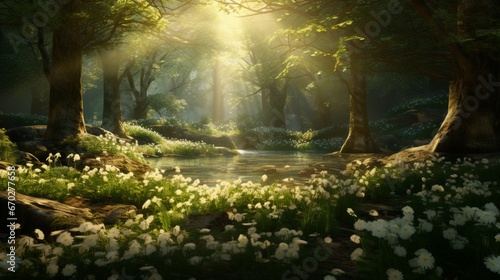 Sunlight filtering through the branches of a tranquil forest, highlighting the beauty of Serenity Blossoms in bloom.