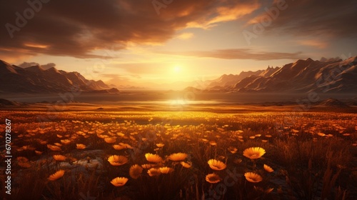 Sunlit saffron fields stretching to the horizon, with the sun setting behind the mountains, casting a warm, golden hue.
