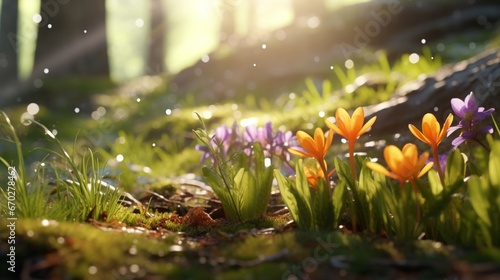 Sunlit saffron flowers adorning a lush forest floor, creating a magical and vibrant woodland scene.