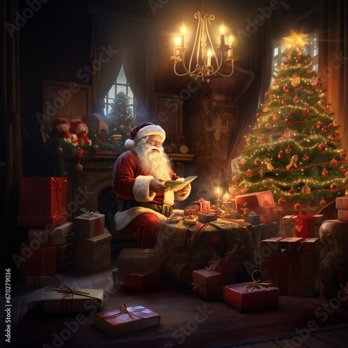 Kartka na Boże Narodzenie, Święty Mikołaj pakujący prezenty przy choince. AI generative
