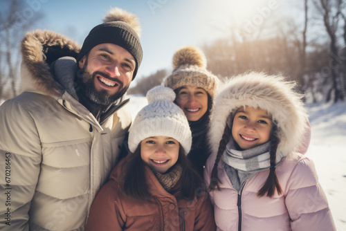 A happy latin family is posing playfully in front of the camera with winter coats and wearing winter hats in a in snow covered country landscape during a bright day in winter on a sunny day