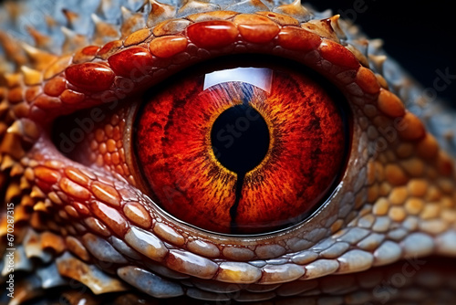 A close up of a lizard eye: is a stunning photo macro with of an eyeball with a red iris and a round shaped pupil and light colored scaly skin : a detailed eyeball close up
