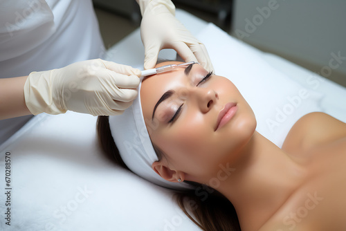 a young woman with clean skin receives a cosmetic procedure: vacuum hydropeeling, the hands of a cosmetologist doctor care for the client’s facial skin