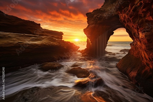 Enchanting coast, sea arch, sunset, beautiful light, captivating landscape. Generative AI