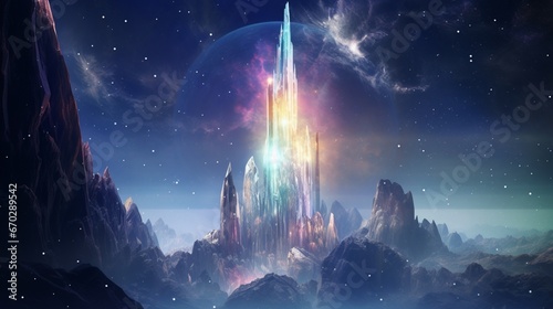 A colossal crystal spire piercing the atmosphere of a gas giant, refracting the planet's colorful gases.