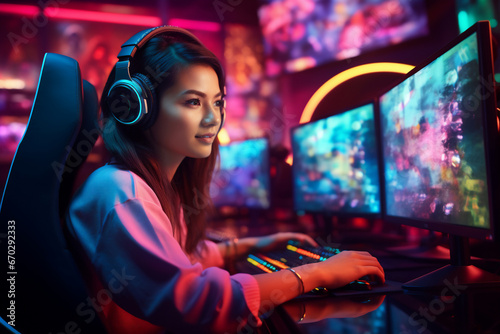A young adolescent asian woman is gaming on a computer with a headset on a desk with two large screens gaming colorful computer fun