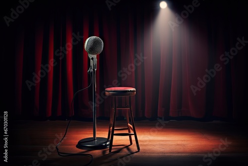 image contrast high ray reflectors stage comedy stand stool wooden microphone actor art artist audio background bar club comedian concert dark entertainment equipment event floor