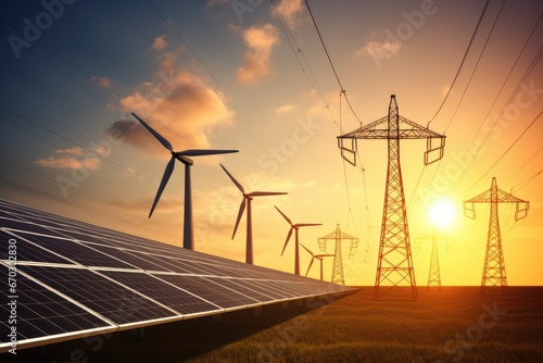concept energy clean sunset pylon electricity turbines wind panels solar alternative climate cost distribution eco ecological ecology electric electrical electronic energetic