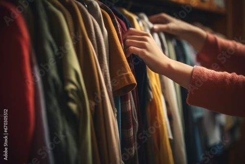 Closeup unrecognizable woman picking clothes from wardrobe, choosing what to wear