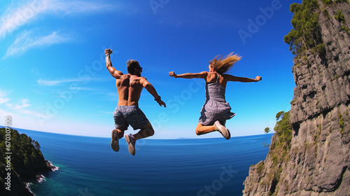 Young active man and woman diving from high cliff into tropical island blue sea water. - Generative AI