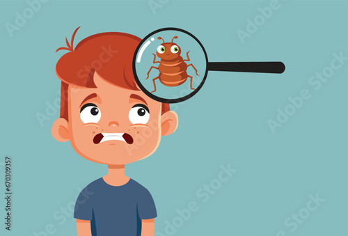 Boy with Lice Being Analyzed with a Magnifying Glass Vector Cartoon. Little child suffering from a infestation with parasites 