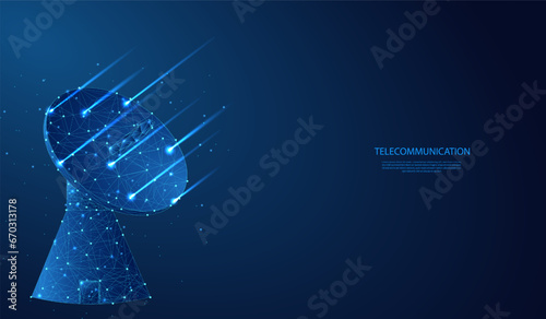 Abstract 3d satellite antenna. polygonal satellite signal receiver concept in dark blue background. Low poly wireframe style technology background.