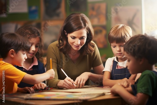 teacher class art children age elementary group elementary preschool education school classroom learning kindergartner class student together drawing art colouring crayons happy smiling