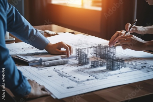 concept construction site working tools engineering building model partner project meeting blueprint drawing engineer structure planning real estate banner architect contractor