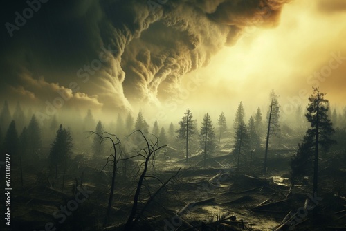 Destructive tornado ravaging forest amidst climate change catastrophe. Generative AI
