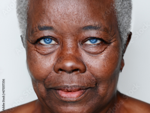 donna di colore anziana con capelli bianchi e occhi azzurri ritratto 