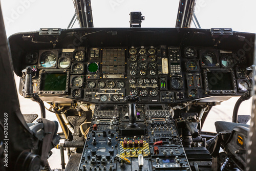 Airplane instruments inside a cockpit of a helicopter Bell Boeing V-22 Osprey