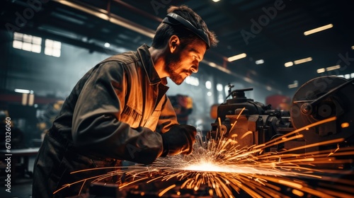 A factory worker polishing and grinding a cut metal professional pipe with sparks in the workshop.