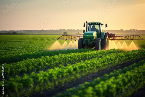 Tractor spraying pesticides on soybean field with sprayer at spring, Tractor spraying pesticides fertilizer on soybean crops farm field in spring evening. Smart Farming, AI Generated