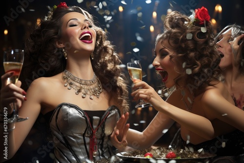 song xmas singing champagne drinking women laughing happy wine glass champaign smile glamour dance delighted beautiful enjoyment fizzy blinking luxurious female enjoying flake star