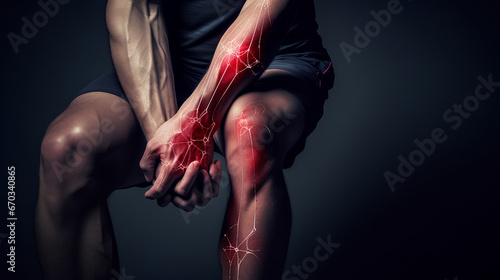 The man is holding his knee, the pain in his knee is glowing red.