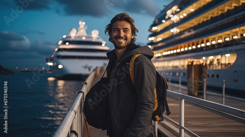 a man at cruise dock port smiling with ocean view, Generative Ai