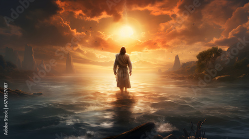 Jesus Christ walks on water on a dramatic sunset - Far view
