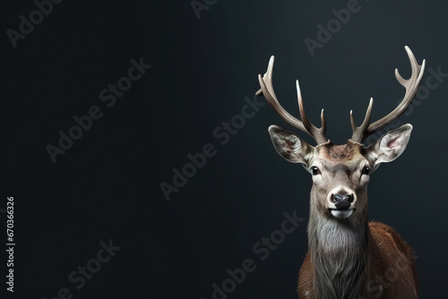 Front view of a axis deer on black background. Wild animals banner with empty copy space