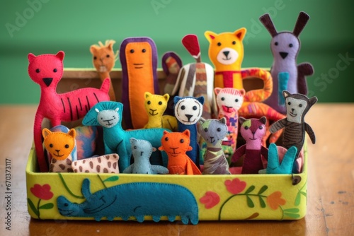 stitched felt animals near a colorful sewing box