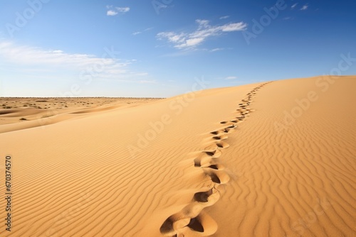 footprints in desert sand leading into the horizon