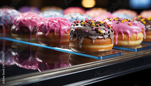 Gourmet donut with icing, chocolate, and multi colored sprinkles generated by AI