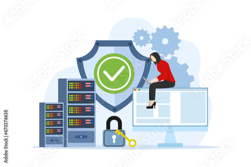 database security concept, data center, programming, engineer, technology, data transmission scheme, secure connection. server rooms, data centers, and databases. safe and secure flat vector.