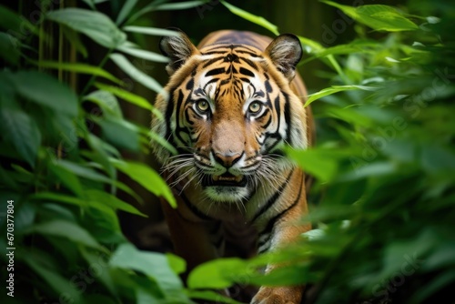 a tiger prowling through a jungle