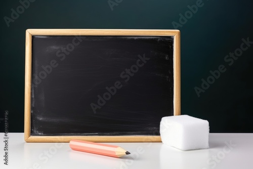 a blank chalkboard with an unbroken chalk and eraser beside it