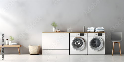 washing machines in a clean organized neat utility laundry room or washing service room interior front view shot as wide banner mockup design with copy space area