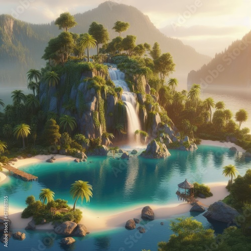 3D illustration of a tropical island with a waterfall and a small lake