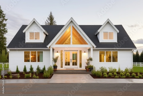 front view of a farmhouse displaying a gabled entrance with sidelights