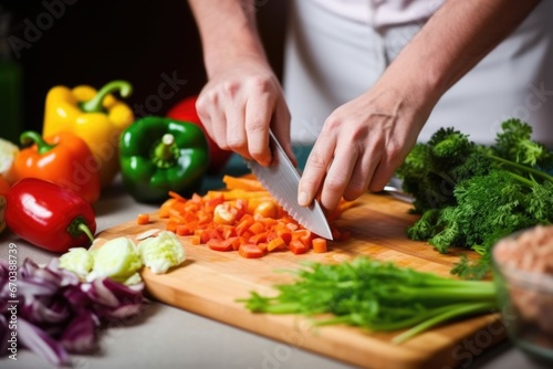hand holding a kitchen knife, vegetables for goulash