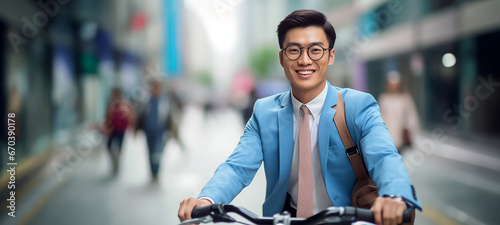 A portrait shot of a smiling Asian man in a brown, navy blue suit and black tie, wearing a black backpack, riding a bicycle in the blurry crowded city background to office. Generative AI.