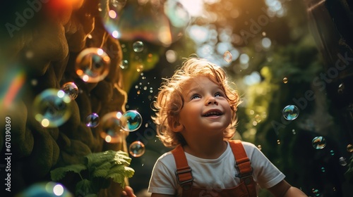 Little boy playing with bubbles, AI generated Image